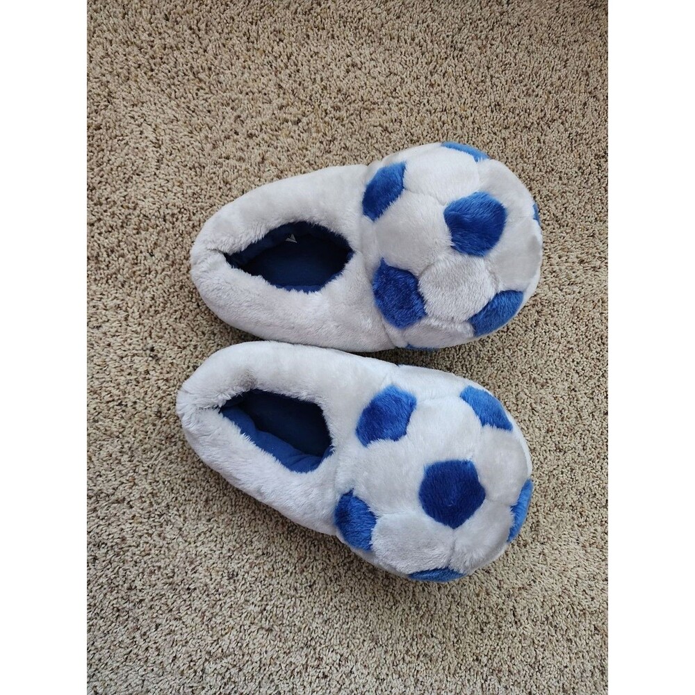 Plush Blue & Gray Soccer Ball Mens Large Slippers